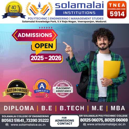 Admissions Open for 2025 – 2026 at Solamalai Institutions: Best Engineering College in Madurai