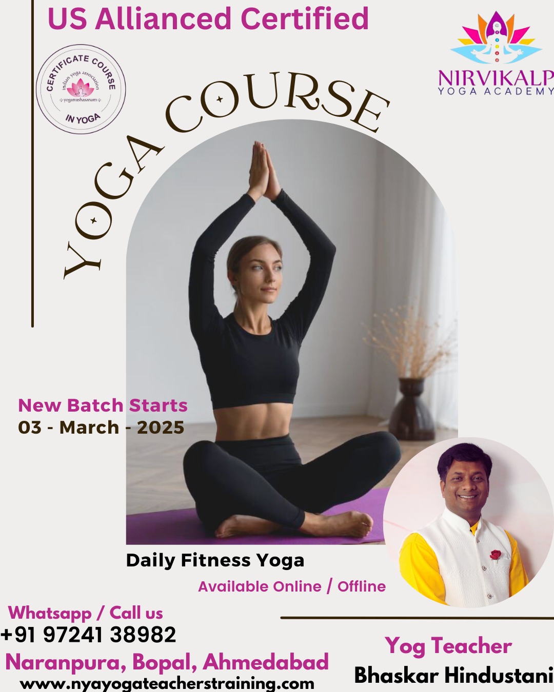 US Alliance Certified Yoga Teacher Training Course by Nirvikalp yoga academy in bopal, naranpura Ahmedabad, Gujarat